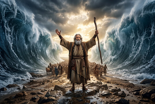Moses Parts the Red Sea, Israelites Cross to Freedom, Biblical Exodus Scene