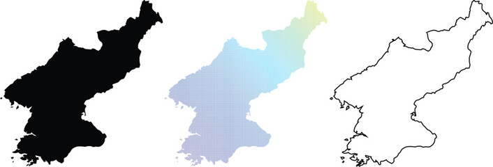 Obraz premium Set of North Korea map icons including a solid black silhouette, a minimalist outline, and a colorful gradient halftone dot pattern for geographic designs.