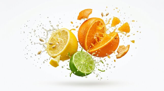 Juicy citrus fruits exploding in air with splashes and slices flying everywhere outside