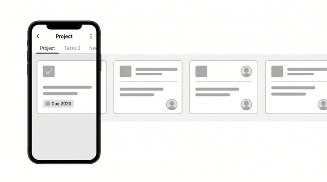Smartphone mockup showing project management app UI interface, mobile phone layout template with task cards, digital organizer dashboard, productivity tool application wireframe and UX design.