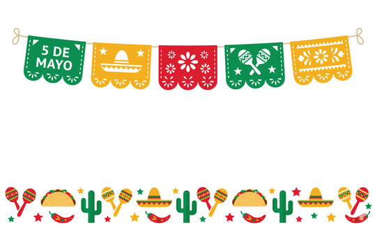 Mexican fiesta decorations include papel picado banners and festive borders.