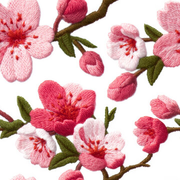Embroidered sakura cherry blossom seamless pattern on white background