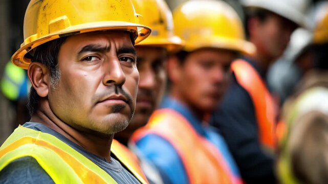 Workers in safety helmets and vests concentrate on their duties at a construction site in a busy city during the day