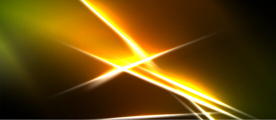 Naklejka premium Bright orange light streaks cross dark background. Vivid colors blend, creating dynamic energy, abstract visual impact.