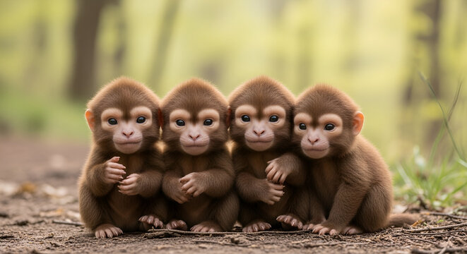 A heartwarming scene of four adorable baby monkeys sitting closely together in a forest, looking curious and innocent
