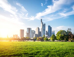 Fototapeta premium Frankfurt city skyline with green field and bright sky at sunset or sunrise.