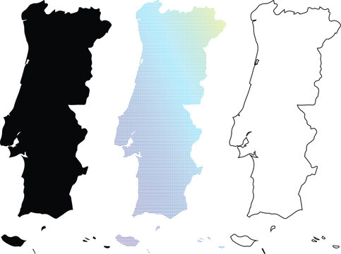 Collection of Portugal maps in different styles including a solid black silhouette, a thin outline, and a colorful pixelated dotted gradient design.