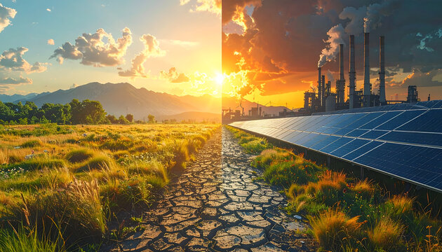 A stark visual contrast depicts a flourishing natural landscape on one side and an industrialized area with solar panels on the other, symbolizing environmental choices.