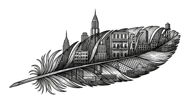 Detailed vintage engraving of a feather with a stylized cityscape inside. Concept illustration for urban creativity, writing, and city life.