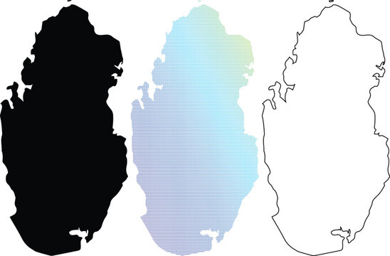 Set of Qatar country maps featuring a solid black silhouette, a vibrant blue and green dotted gradient pattern, and a clean black outline isolated on white background
