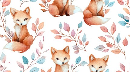 Fototapeta premium Watercolor boho fox seamless pattern with leaves, cute woodland nursery style decorative repeat design on soft pastel background for textile and surface print