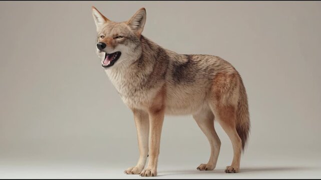 Red wolf standing on neutral background looking around and blinking
