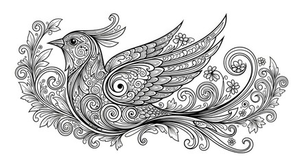 Fototapeta premium Intricate ornamental bird illustration in black and white line art with swirls and floral details. Decorative adult coloring page design.