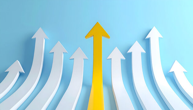 A vibrant yellow arrow stands out prominently amidst a field of white arrows, symbolizing leadership, growth, and surpassing expectations against a soft blue background.