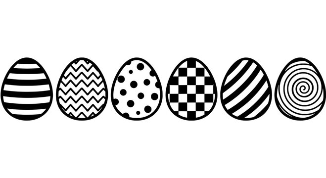 Easter eggs pattern set with striped, chevron, polka dot, checkered, spiral designs for spring holiday decor