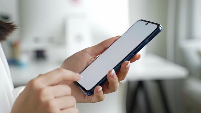 Clean, well-groomed hands in smart casual attire hold a modern smartphone, executing a left-swipe to a clear, refreshed screen in a cinematic close-up. Soft natural light, blurred background with