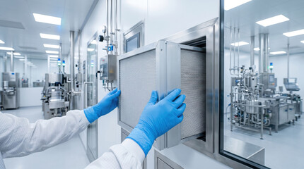 Naklejka premium Close-up of hands in blue gloves installing a HEPA filter in a cleanroom laboratory with advanced manufacturing equipment.