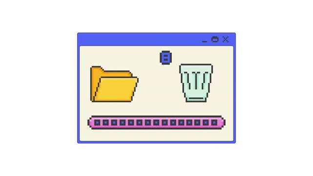 File delete process pixel art pop-up window UI overlay animation. Remove action. Progress bar. Documents from folder cleanup. Trash bin. Blocky interface element motion. Retro 8bit UX design 4K video