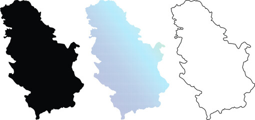 Fototapeta premium Set of Serbia Map Silhouettes including Solid Black, Blue Pixelated Gradient, and Clean Outlines for Graphic Design and Cartography Projects