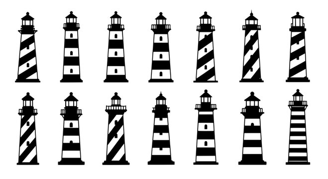 Lighthouse icon set with striped tower design, black and white pattern, nautical sign for marine navigation and harbor maps