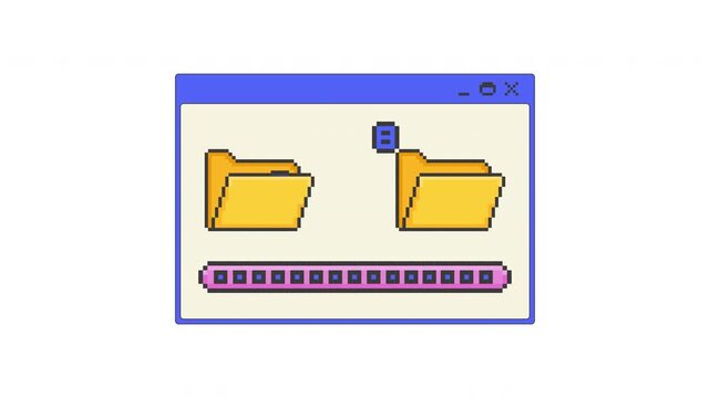 File transfer process pixel art pop-up window UI overlay animation. Documents moving from folder. Data migration with progress bar. Blocky interface element motion. Retro 8bit UX design 4K video