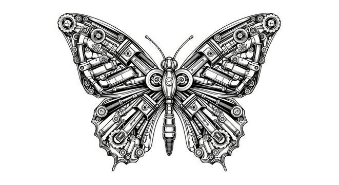 Intricate Steampunk Mechanical Butterfly Illustration. Detailed Robotic Insect Design with Gears, Cogs, and Metal Components.