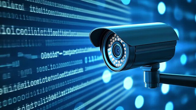 A security camera captures data and monitors activity in a modern tech focused setting with a blue digital backdrop