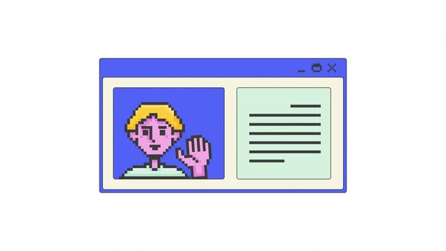 User profile pixel art pop-up window UI overlay animation. Personal account with text content. Overview dialog boxes. Recruitment HR. Blocky interface element motion. Retro 8bit UX design 4K video