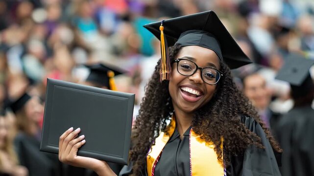 A black student woman celebrates her graduation while holding a diploma at a university ceremony with other graduates in the background