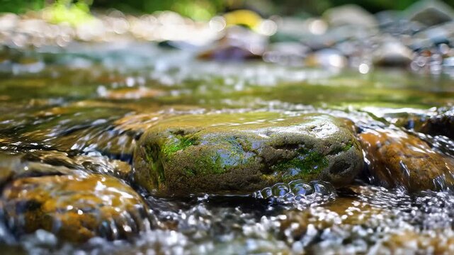 Closeup of Clear Water Flowing Over Mossy Rocks in a Serene Stream.