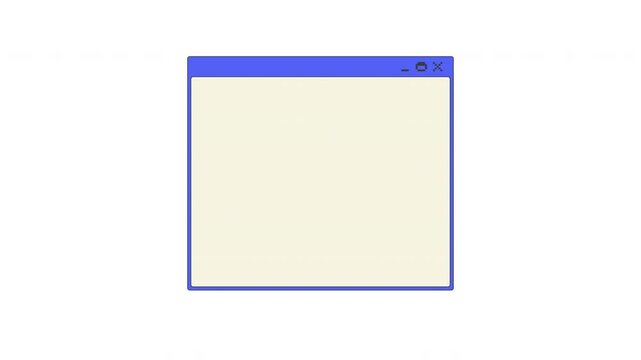 Empty application pixel art pop-up window UI overlay animation. Blank page content area. Dialog box. Screen placeholder. Panel template. Blocky interface element motion. Retro 8bit UX design 4K video