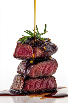 Glossy juniper reduction pouring over a stack of three pan-seared venison medallions with fresh rosemary sprig on top, vibrant ruby sauce cascading down on white background