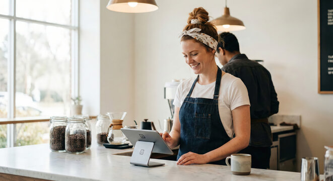 Woman waiter using tablet in coffee shop