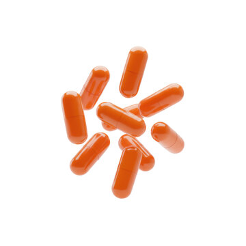 Vibrant orange translucent capsules floating in mid-air against a sterile white infinity background, clinical precision and modern health and wellness concept
