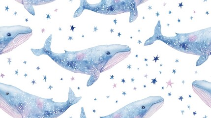 Fototapeta premium Watercolor boho whale with stars seamless repeat pattern, cute nursery decorative design in soft pastel colors on white background for textile and surface print