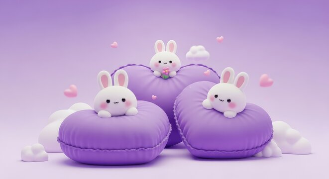 Whimsical easter scene adorable white bunnies perched on large purple easter eggs in a dreamy setting