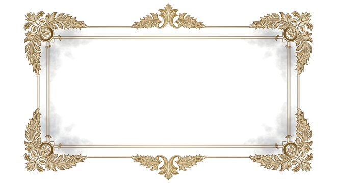 Ornate golden rectangular frame with intricate baroque scrollwork and acanthus leaf embellishments, invitations or decorative borders