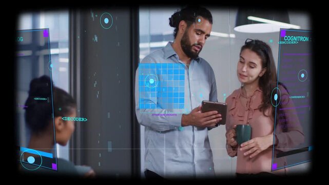 Standing man turning tablet toward woman, AR panels emerging, both gesturing, ending demo, agreeing