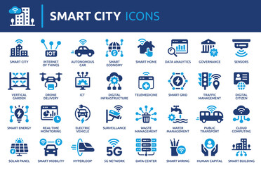 Obraz premium Smart City icon set, containing smart building, iot, technology, infrastructure, connectivity and smart mobility. Solid vector icons illustration.