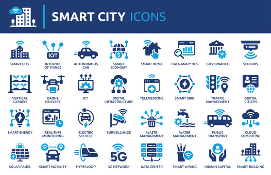 Smart City icon set, containing smart building, iot, technology, infrastructure, connectivity and smart mobility. Solid vector icons illustration.