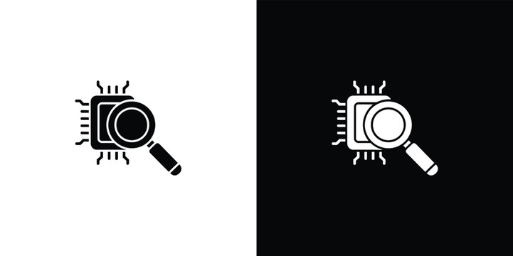 Magnifying glass over microchip on black and white background computer chip symbol technology