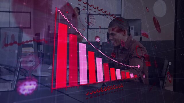 Seated man noticing red bar chart overlay appearing over desks, cheering at declining virus cases