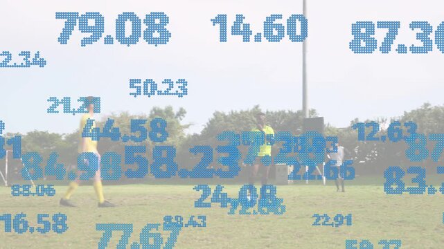 Blue numbers appearing, sports data over pitch, keeper shifting, yellow kicker shooting for goal