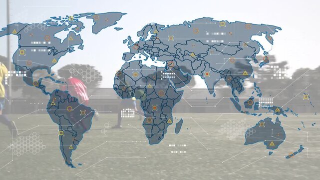 Player passing ball, teams sprinting toward goal on soccer pitch, world-map data overlay appearing