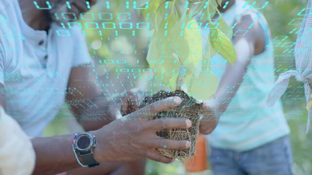 Mentor cupping plant roots and guiding two kids with blue code overlay floating, teaching planting
