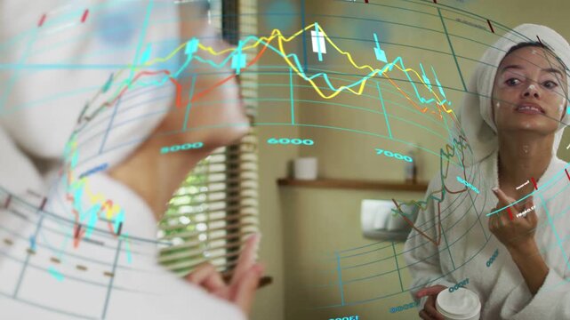 Woman raising jar inspecting label applying dabs for skincare with data graph overlay tracking skin