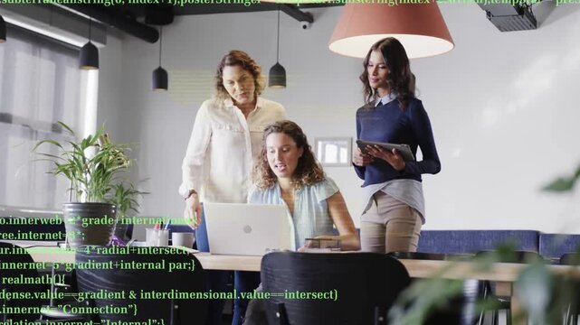 Three colleagues approaching laptop, conducting tech code review with green-yellow overlay drifting