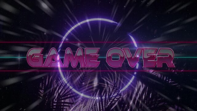 3D neon GAME OVER gaming title zooming in, causing ring pulse, sliding scanlines, palms ending game