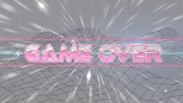 Center starburst starting, pink 3D GAME OVER centering and scaling, aligning lines, signaling end