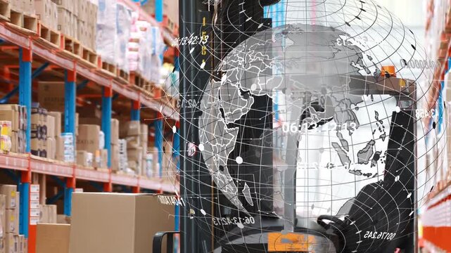 Data overlay fading in from right and sweeping across frame, forklift moving forward tracking stock